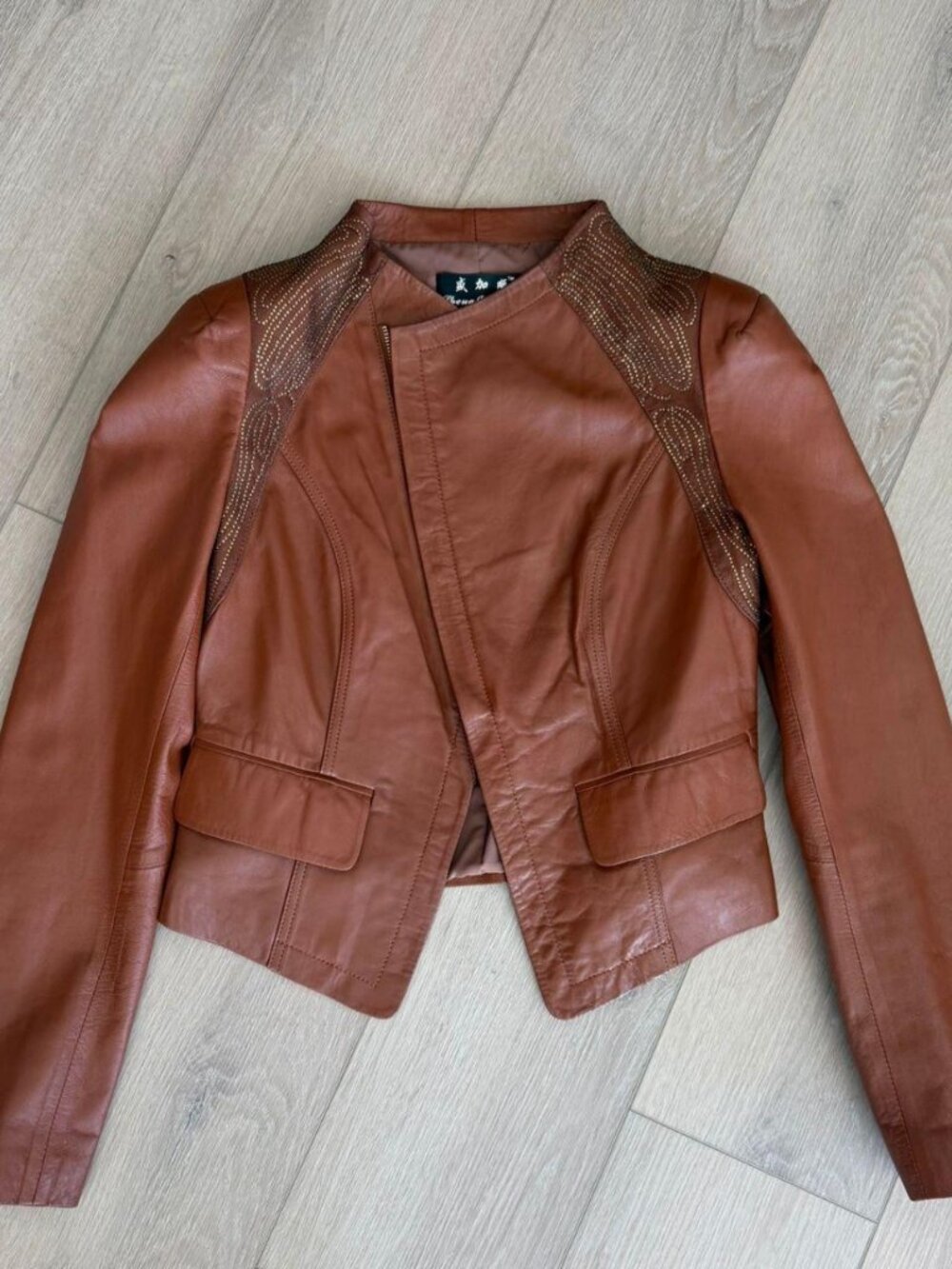 Brown Leather Jacket with Rhinestone Shoulders